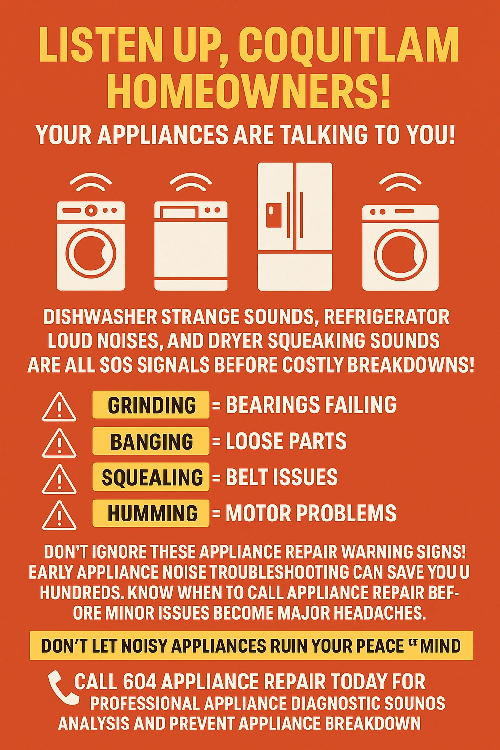 Infographic summarizing key takeaways about appliance repair noises in Coquitlam.