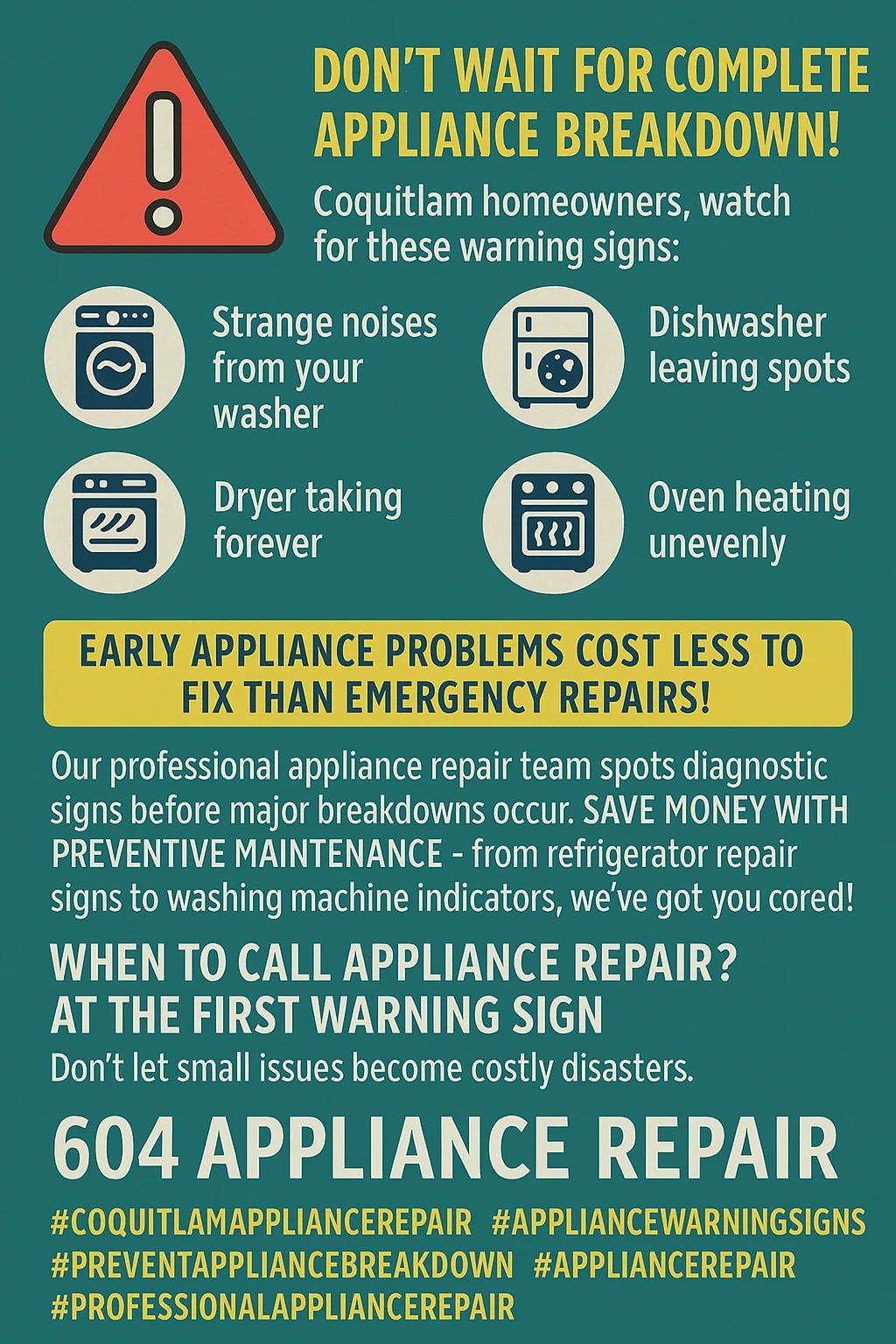 Infographic summarizing key takeaways about appliance repair warning signs in Coquitlam.