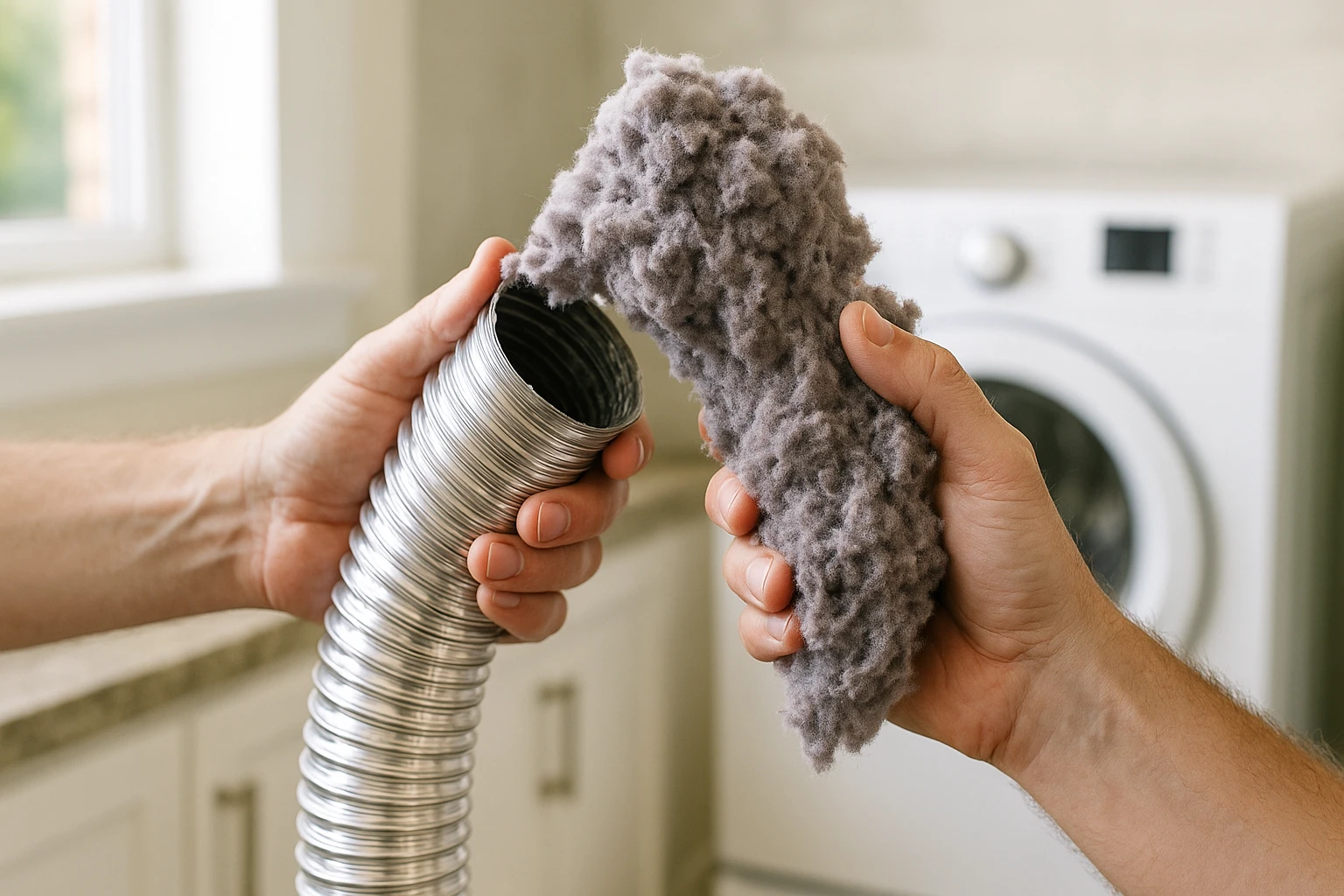A large amount of accumulated lint being cleaned from a dryer vent.