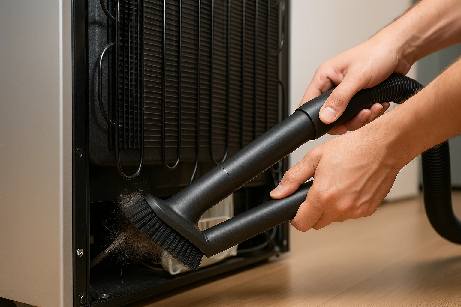 Cleaning refrigerator condenser coils with a vacuum attachment for winter maintenance.