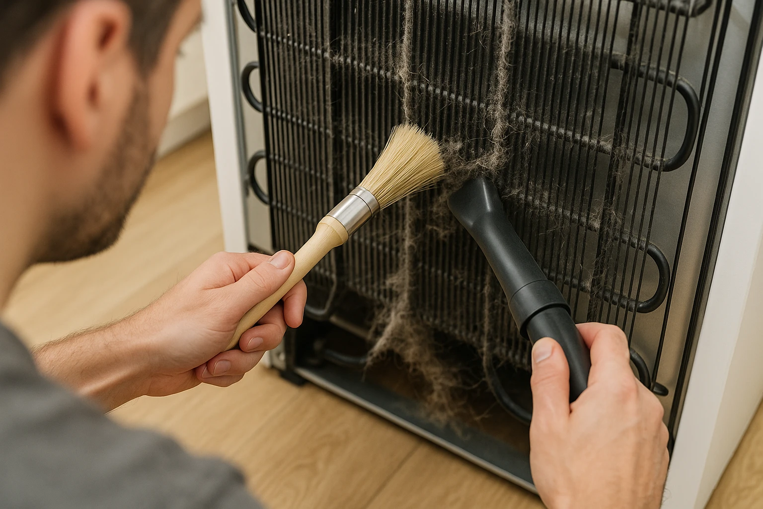 A person cleaning refrigerator condenser coils with a brush to stop a loud humming noise.