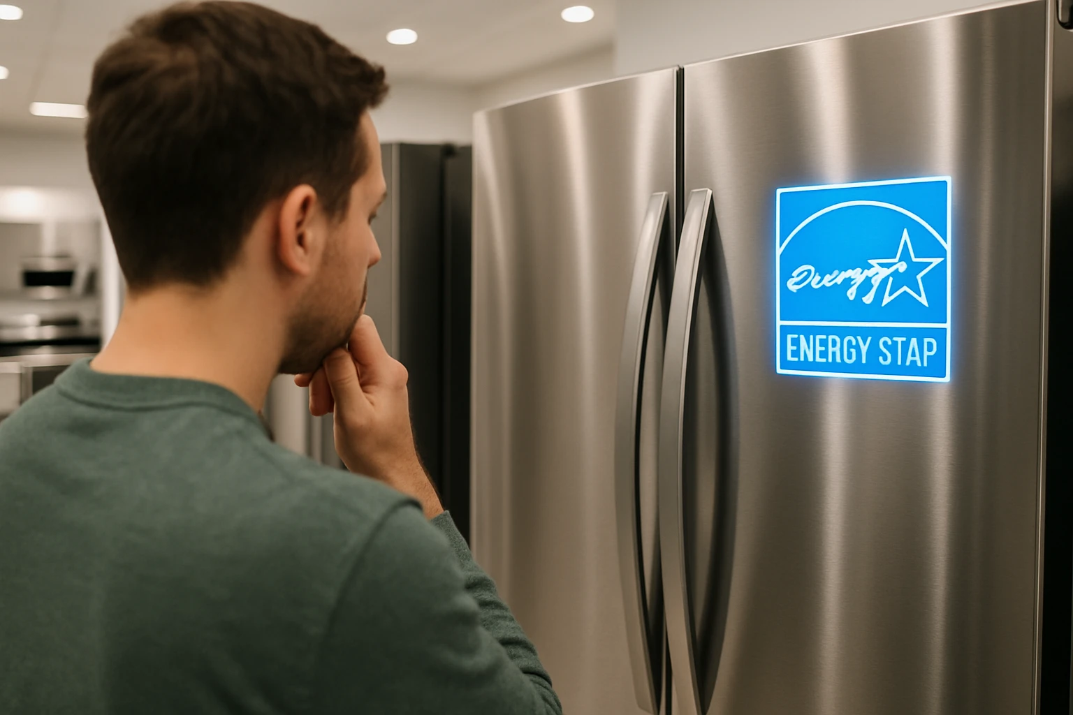 Coquitlam homeowner choosing an energy-efficient refrigerator in an appliance store