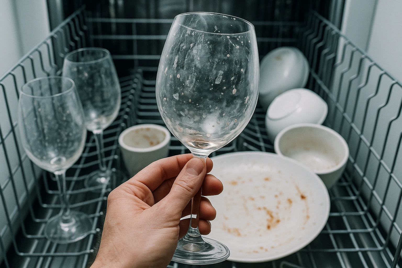 Spotty glasses in a dishwasher rack, indicating a need for repair.