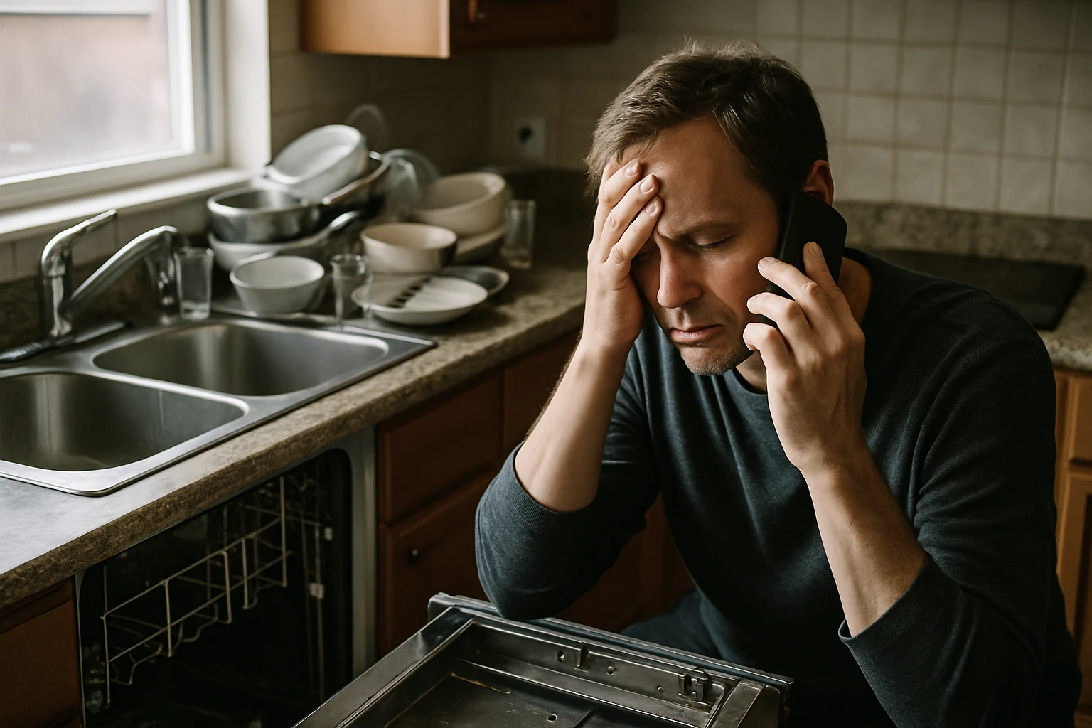 Frustrated homeowner with a broken dishwasher experiencing a warranty service delay