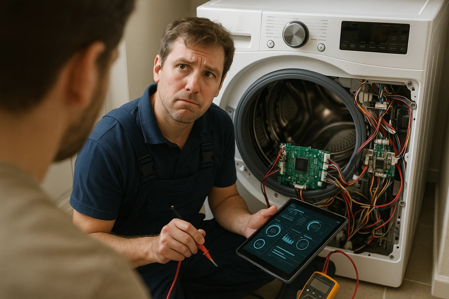 Technician looking at a complex smart appliance circuit board