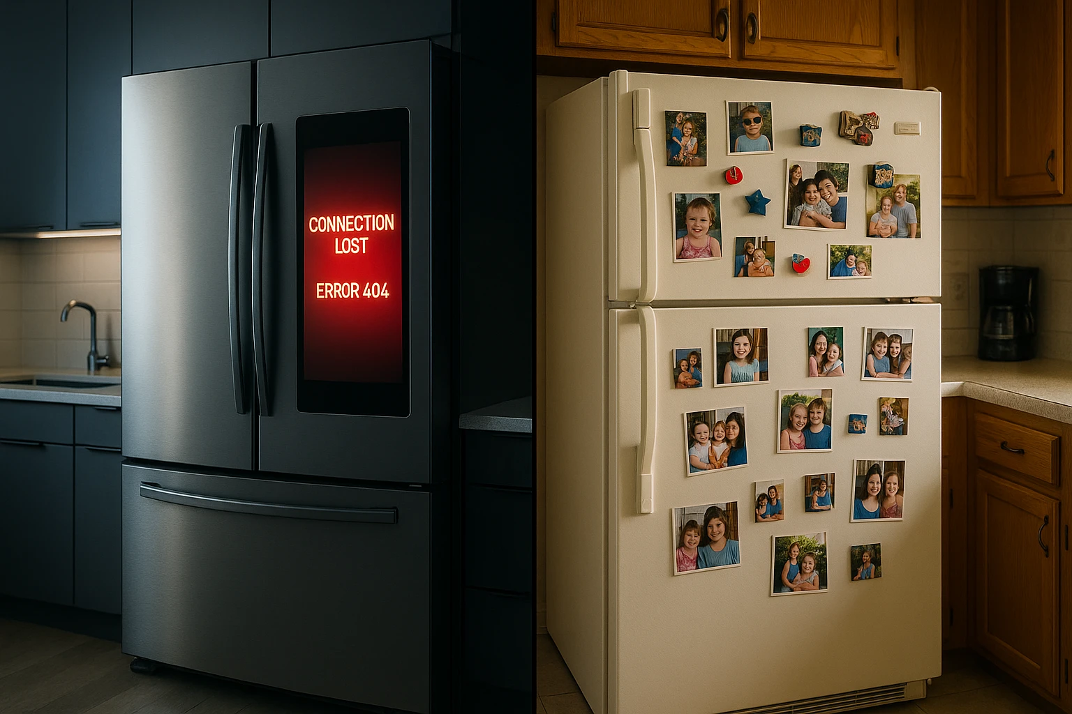 A modern smart kitchen appliance next to a traditional one