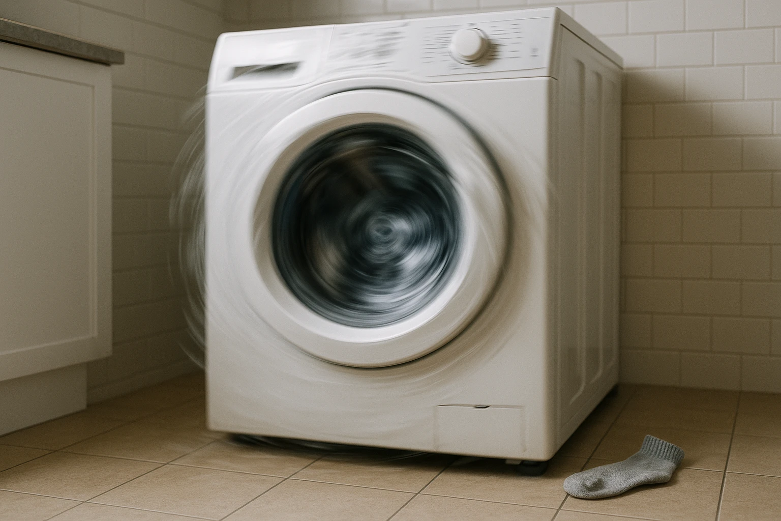 A washing machine vibrating excessively because of an unbalanced load of clothes inside.