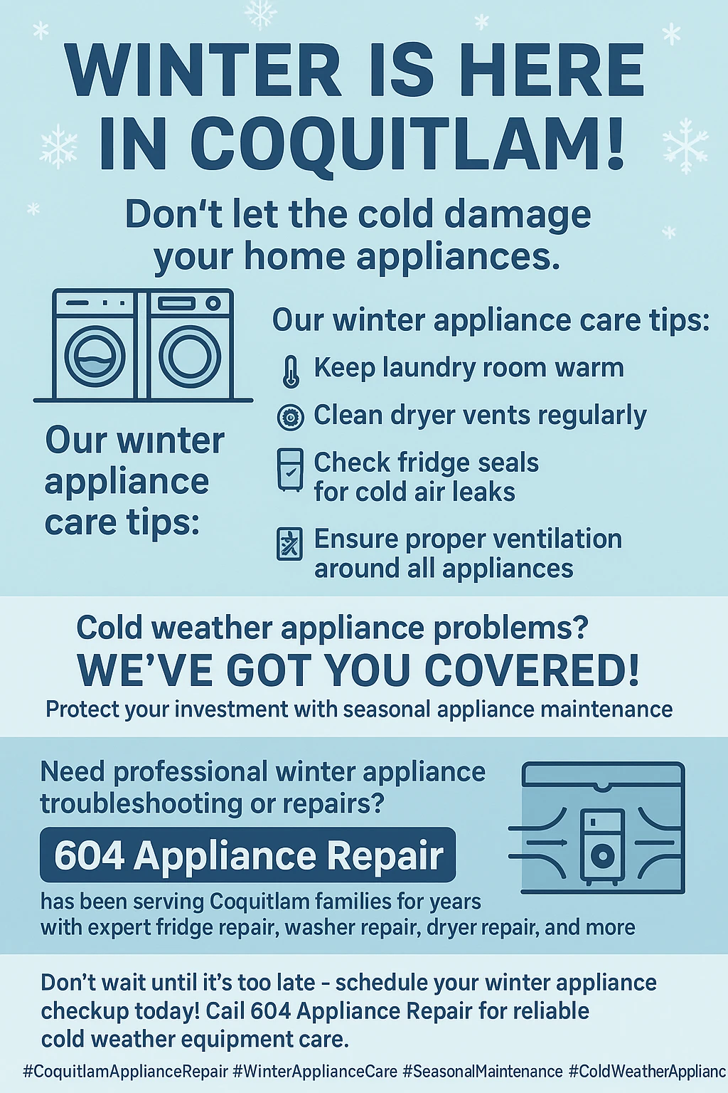 Infographic summarizing key takeaways for winter appliance maintenance in Coquitlam.