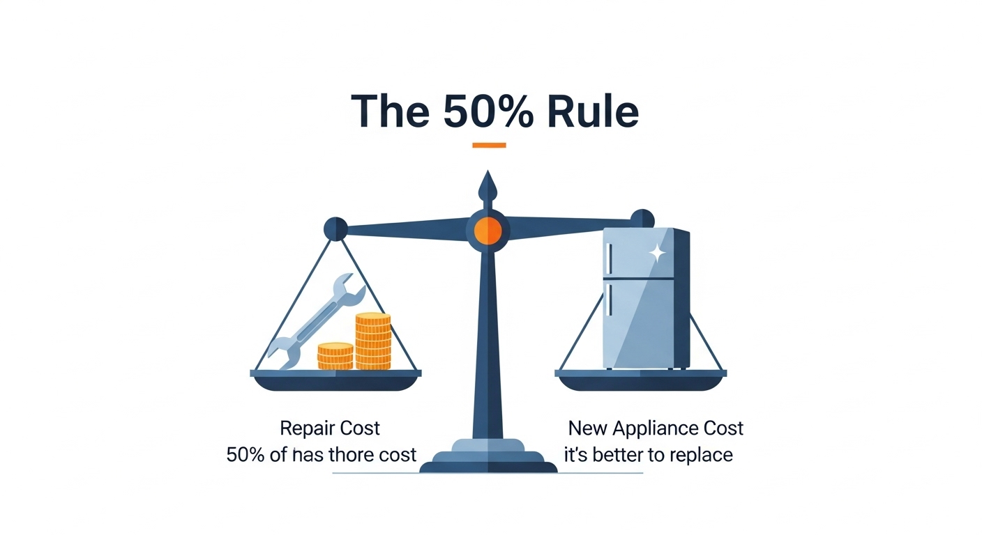 Infographic explaining the 50% rule for deciding between appliance repair and replacement.