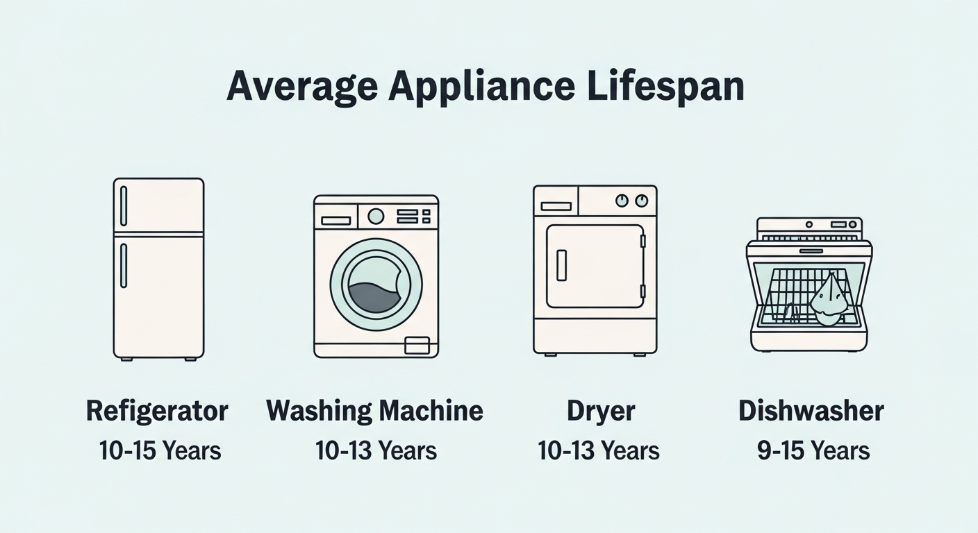 A chart displaying the average lifespan of various home appliances like refrigerators, washing machines, and dryers.