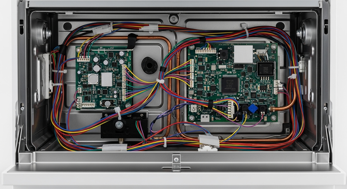 Close-up of the complex internal wiring and components of a modern appliance.