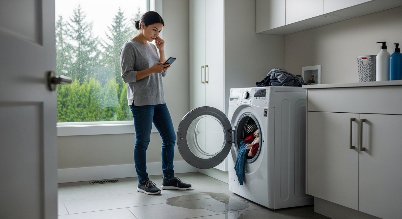 Coquitlam homeowner looking at a broken washing machine with frustration.