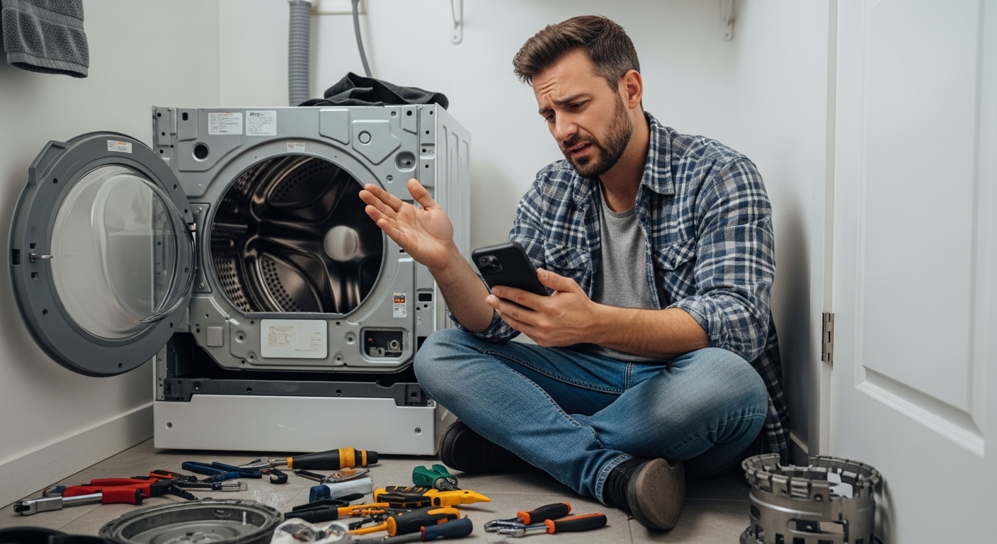 Frustrated homeowner looking at a broken appliance during a DIY repair attempt.