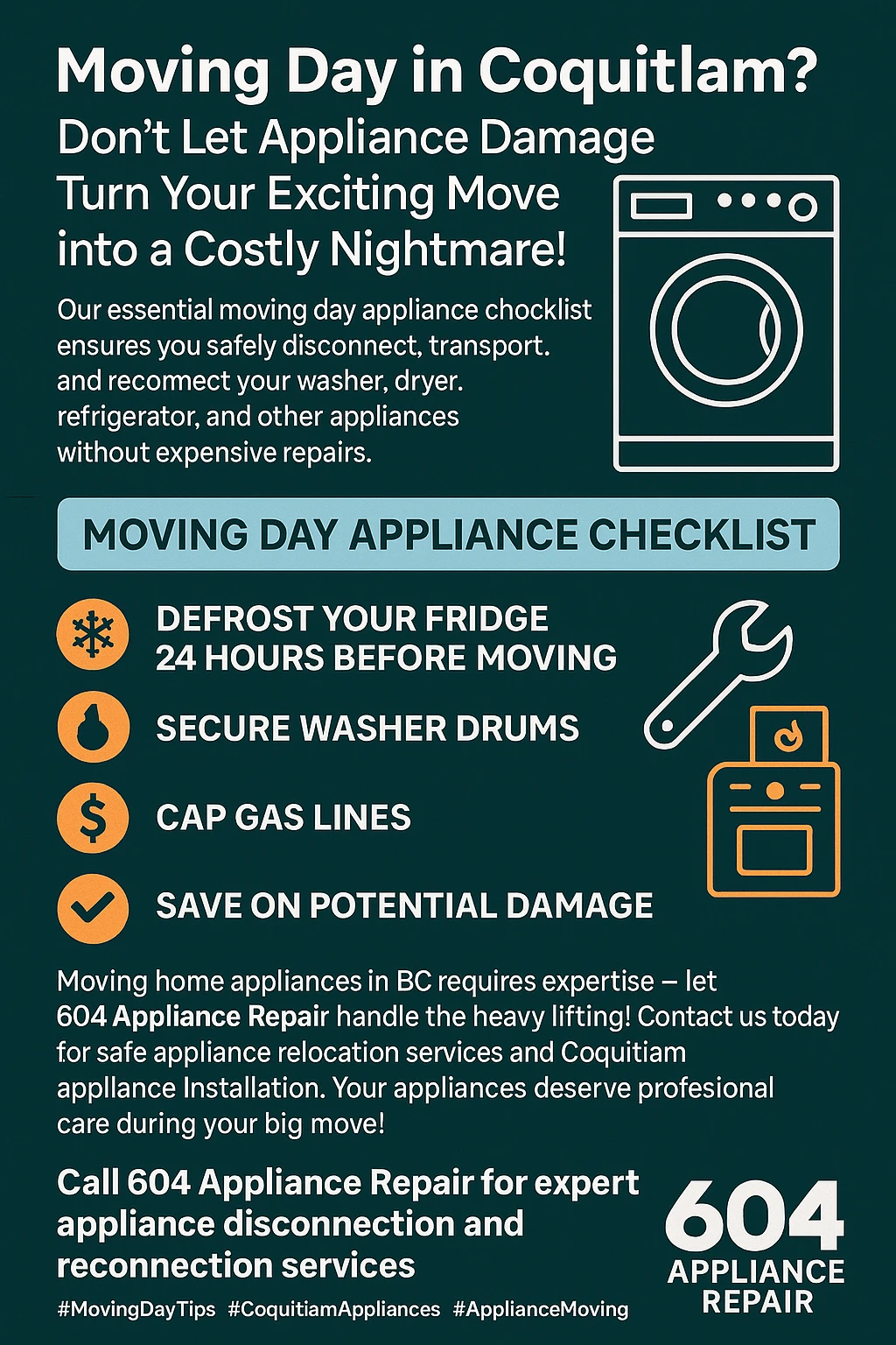 Key takeaways for moving appliances safely in Coquitlam infographic