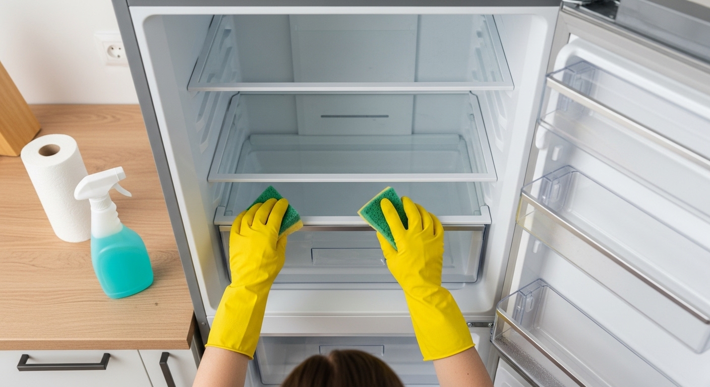Empty and clean refrigerator being prepared for a move.