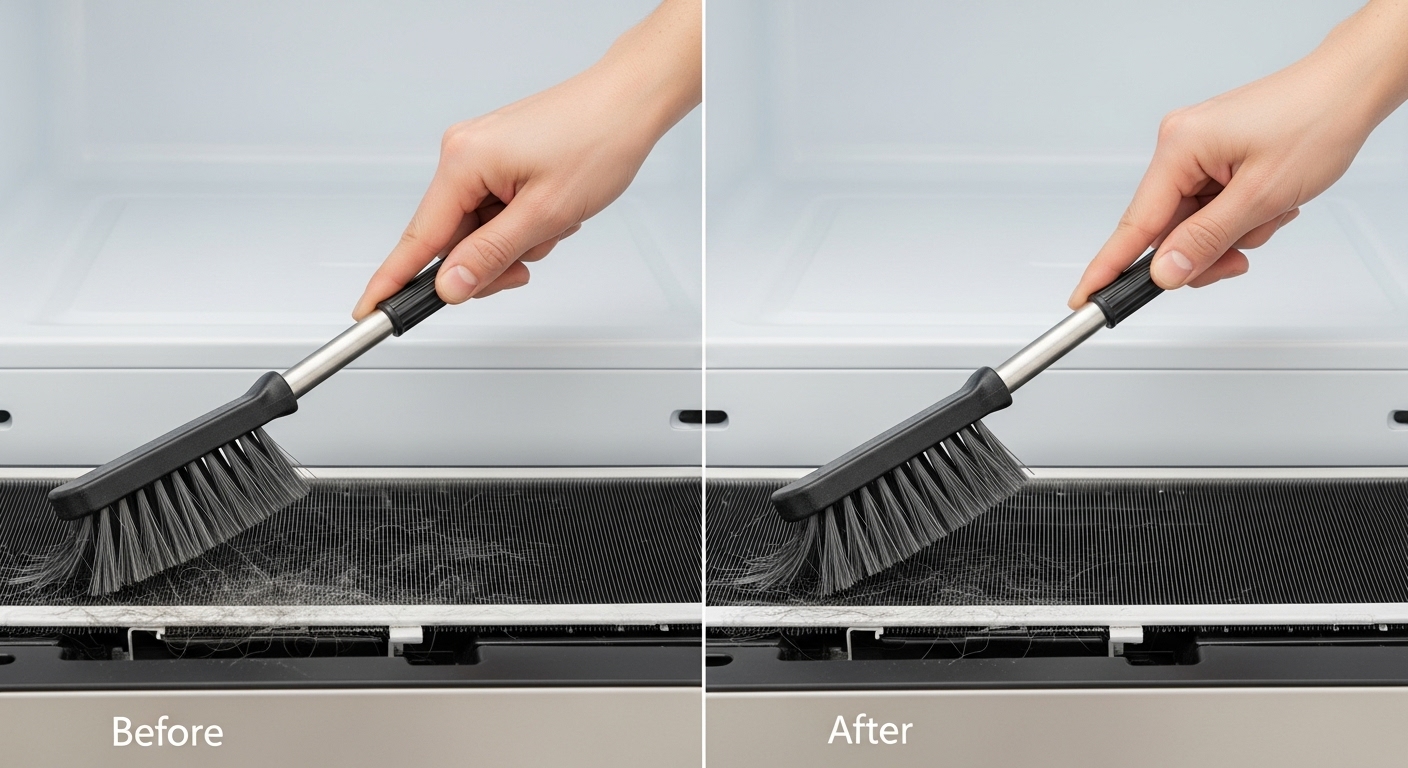 Cleaning the dusty condenser coils on the back of a refrigerator for preventative maintenance.