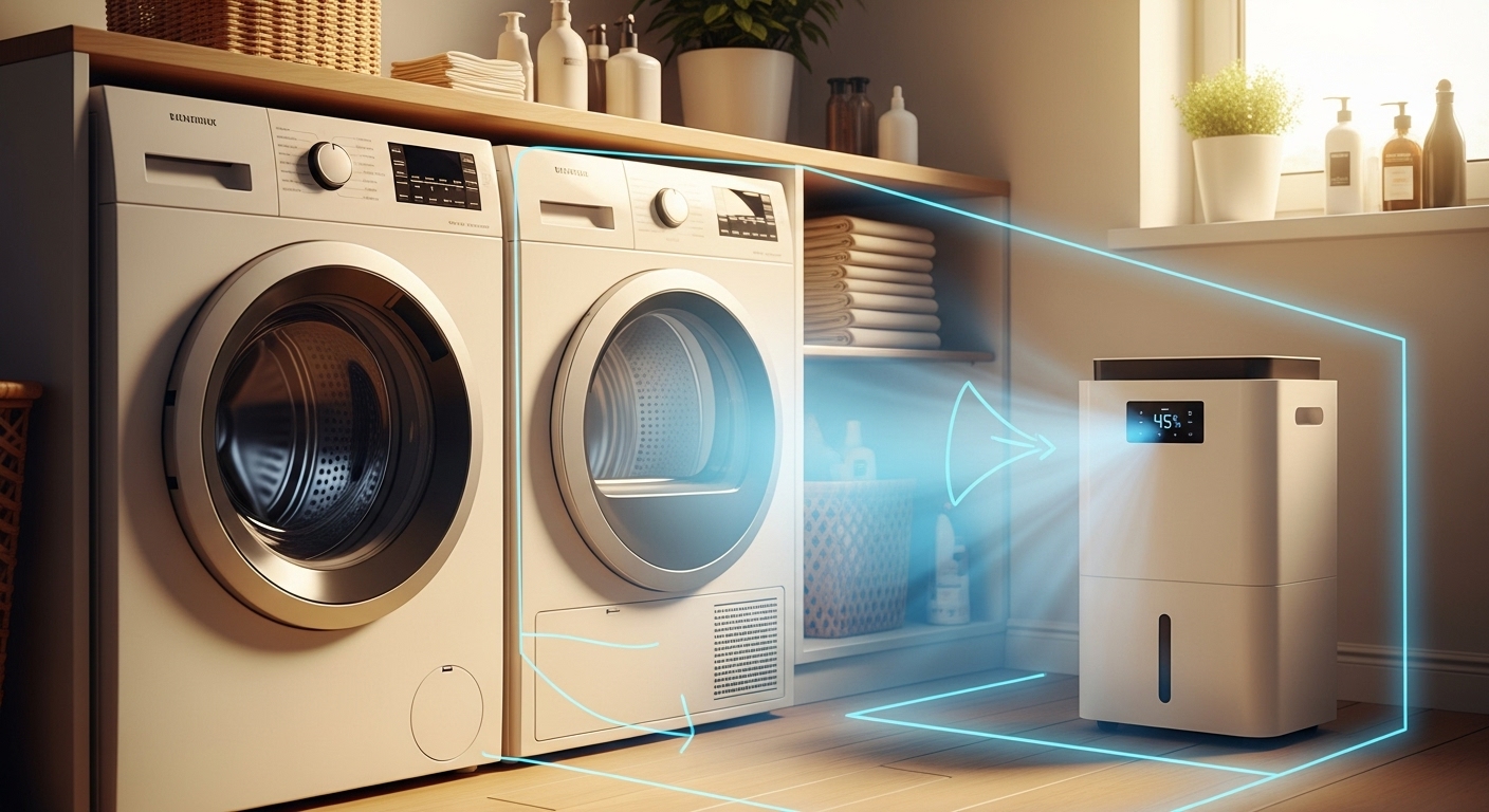 A dehumidifier placed in a laundry room to protect appliances from moisture damage