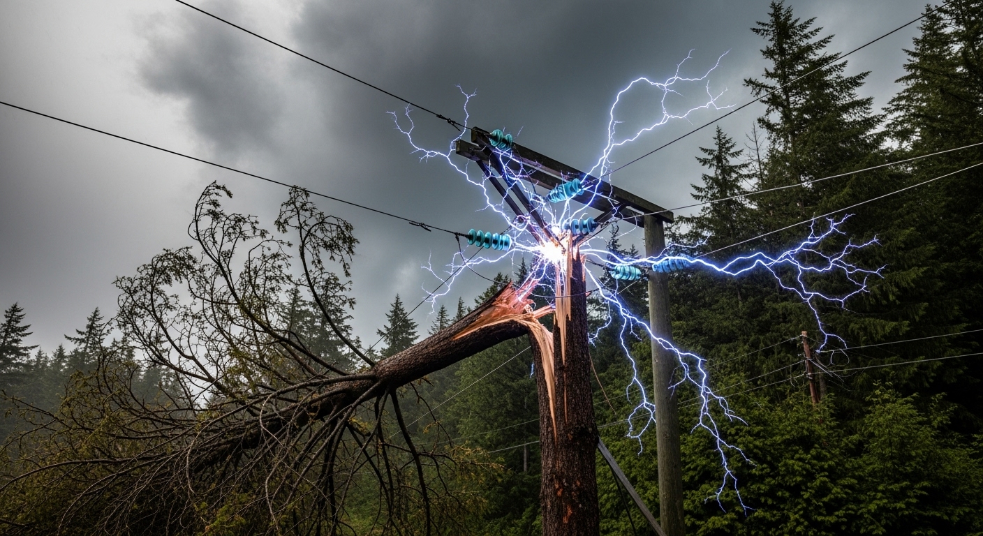 A BC Hydro power line damaged by a fallen tree branch during a storm.