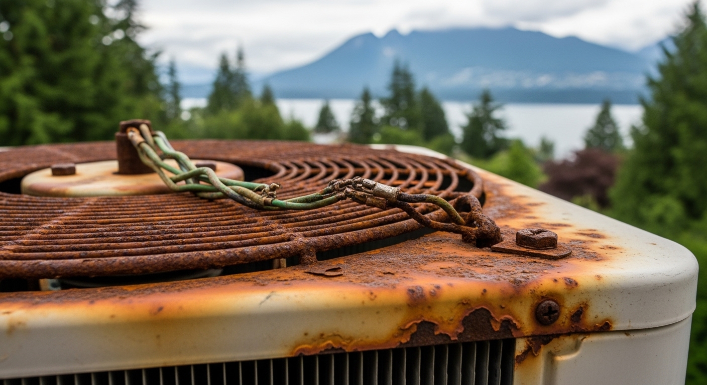 Close-up of coastal salt air corrosion on a home appliance in Coquitlam.