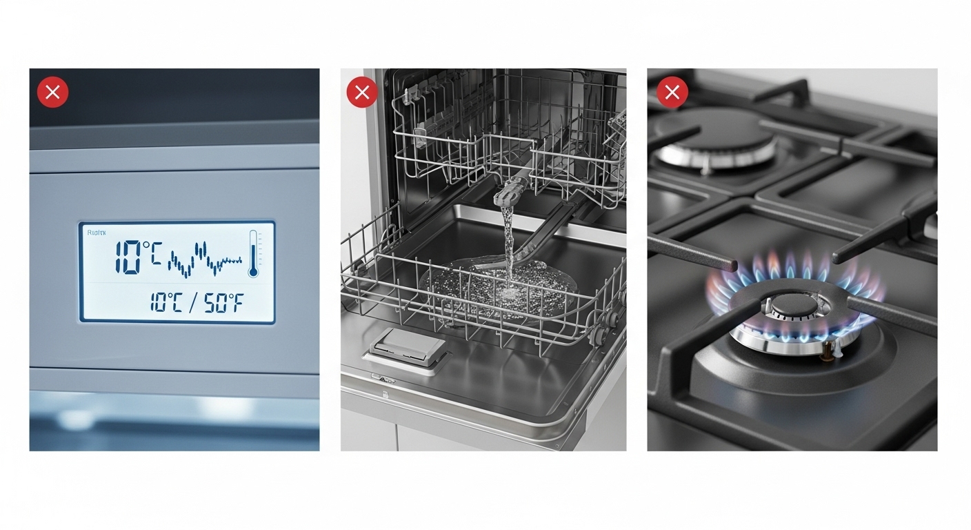 A graphic showing common appliance defects to look for, such as dents, scratches, and malfunctioning parts.
