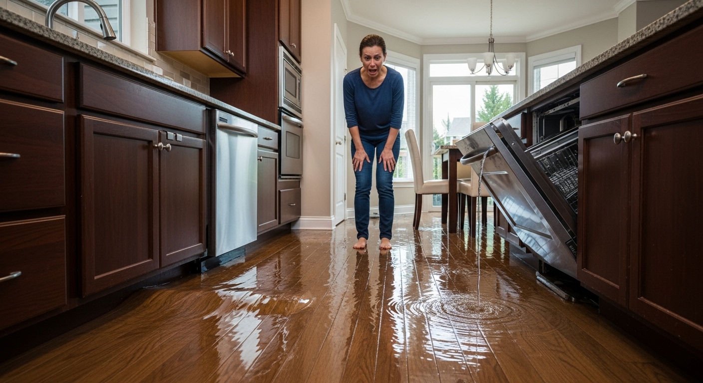 Catastrophic water damage in a Coquitlam kitchen caused by a faulty appliance connection