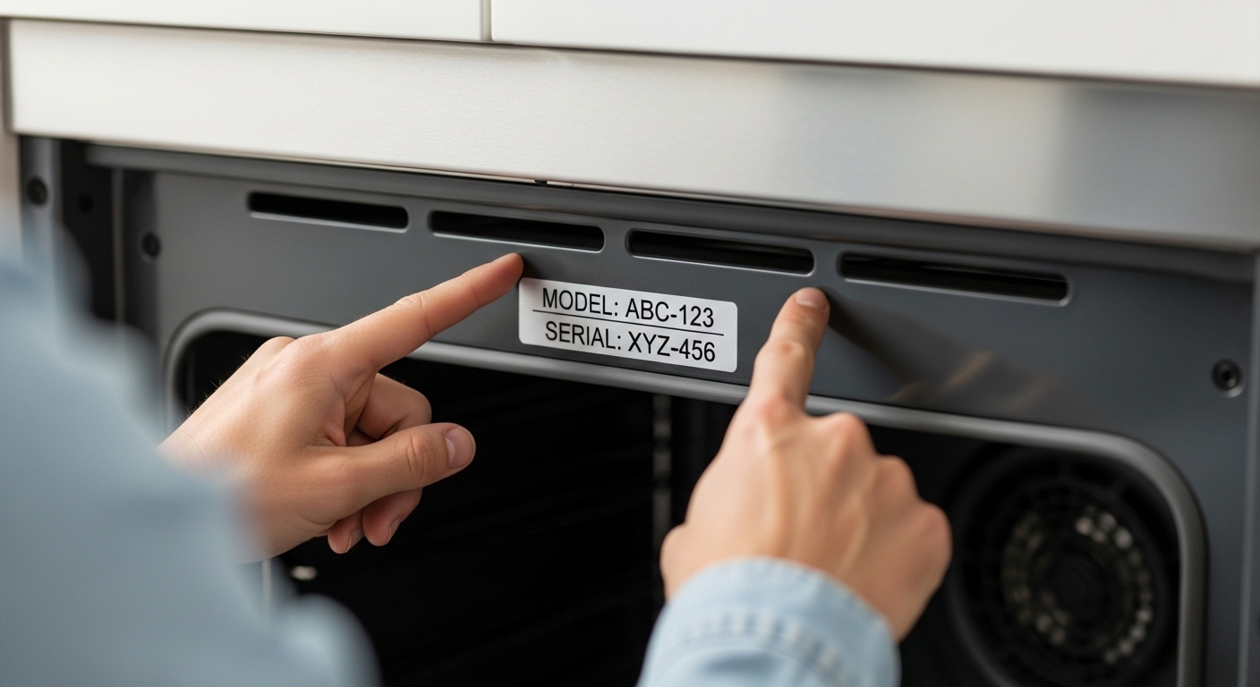 A person pointing to the model and serial number sticker on an appliance for a recall check.