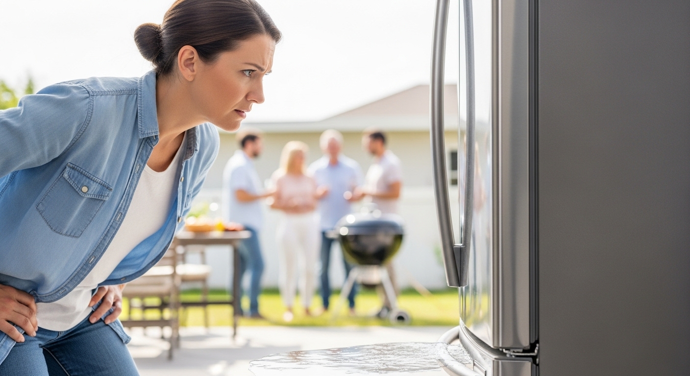 Frustrated homeowner looking at a broken refrigerator in the summer.