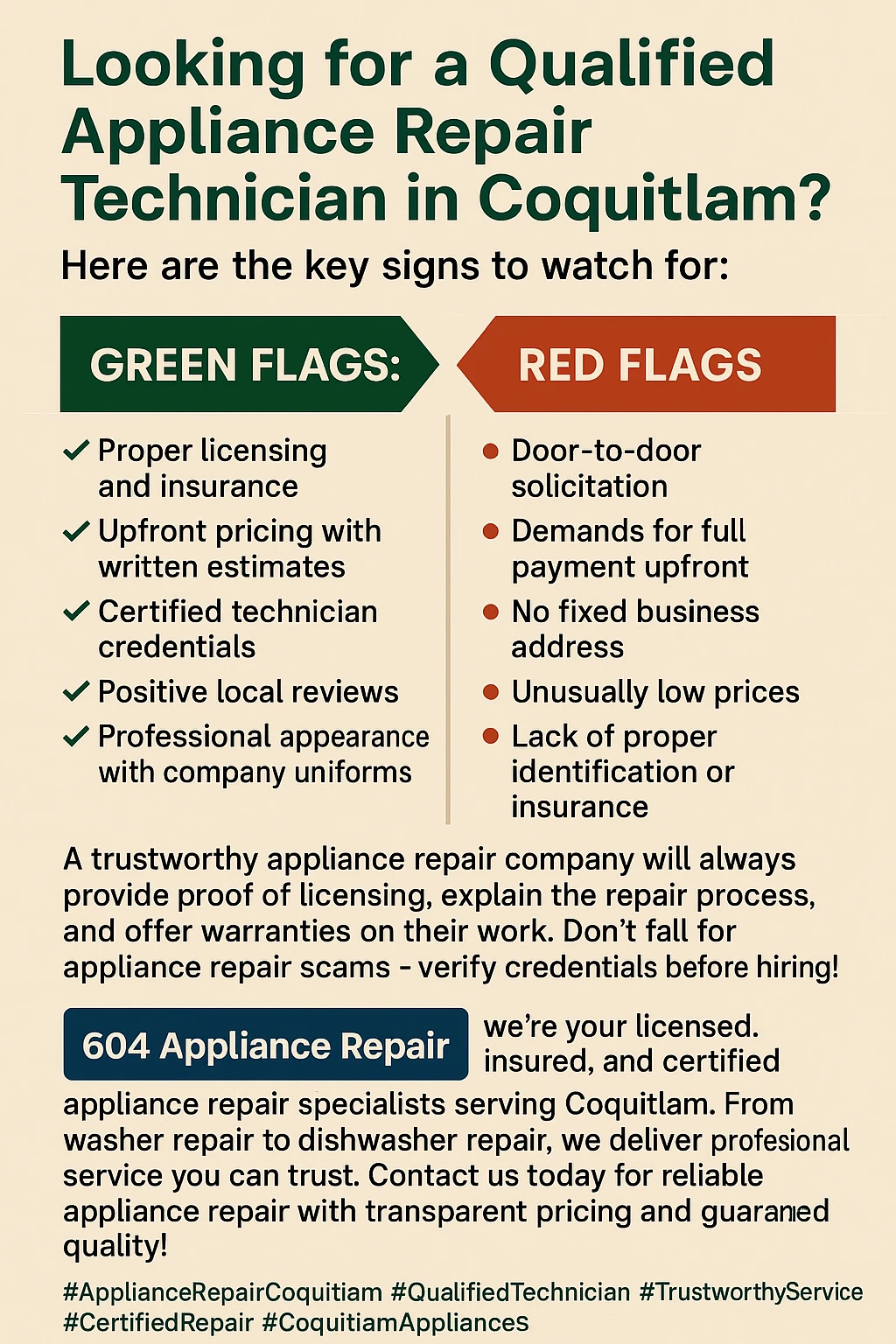 Infographic on how to hire a qualified appliance repair technician in Coquitlam.
