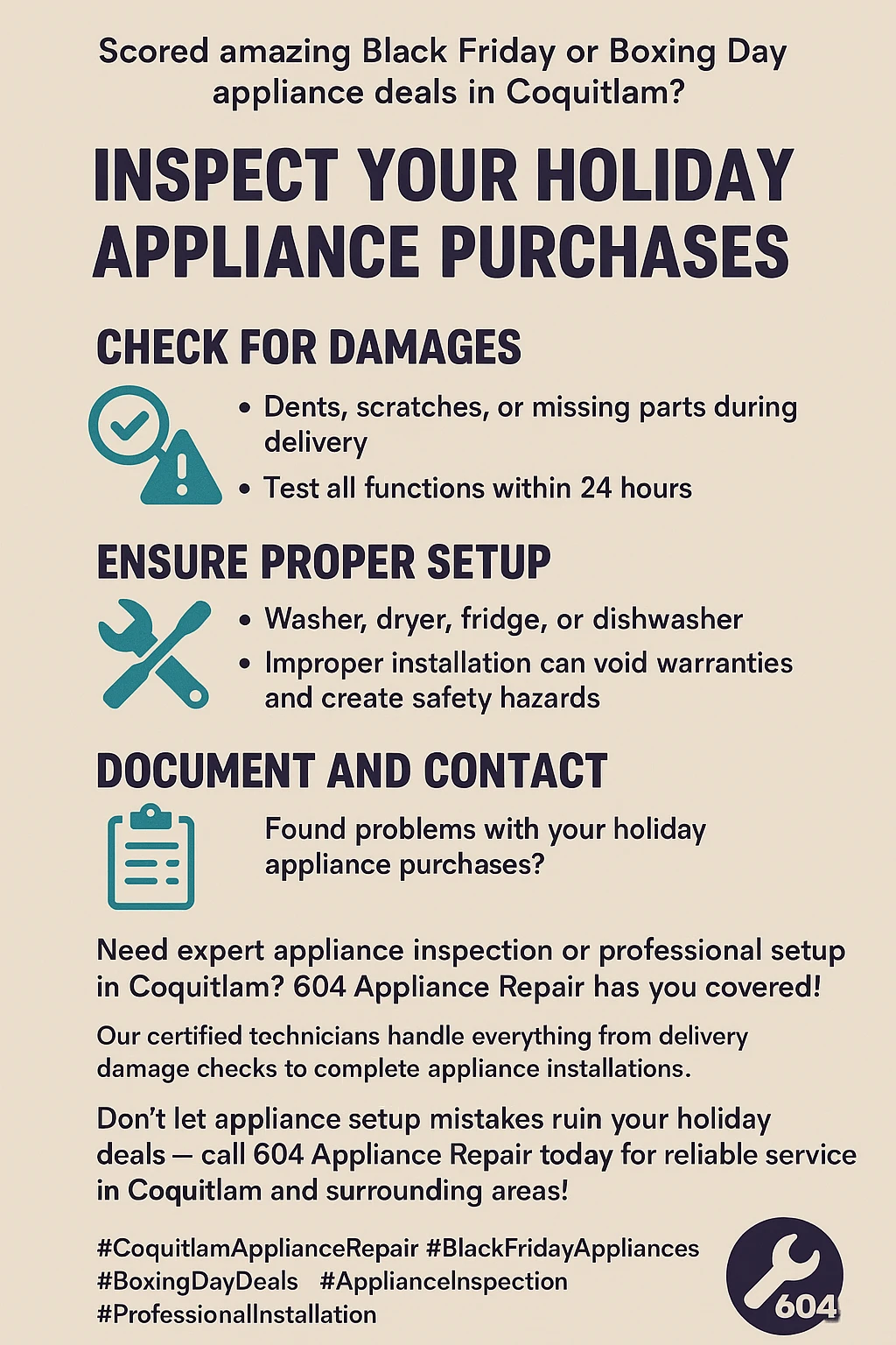 Infographic summarizing key takeaways for appliance inspection after purchase in Coquitlam.