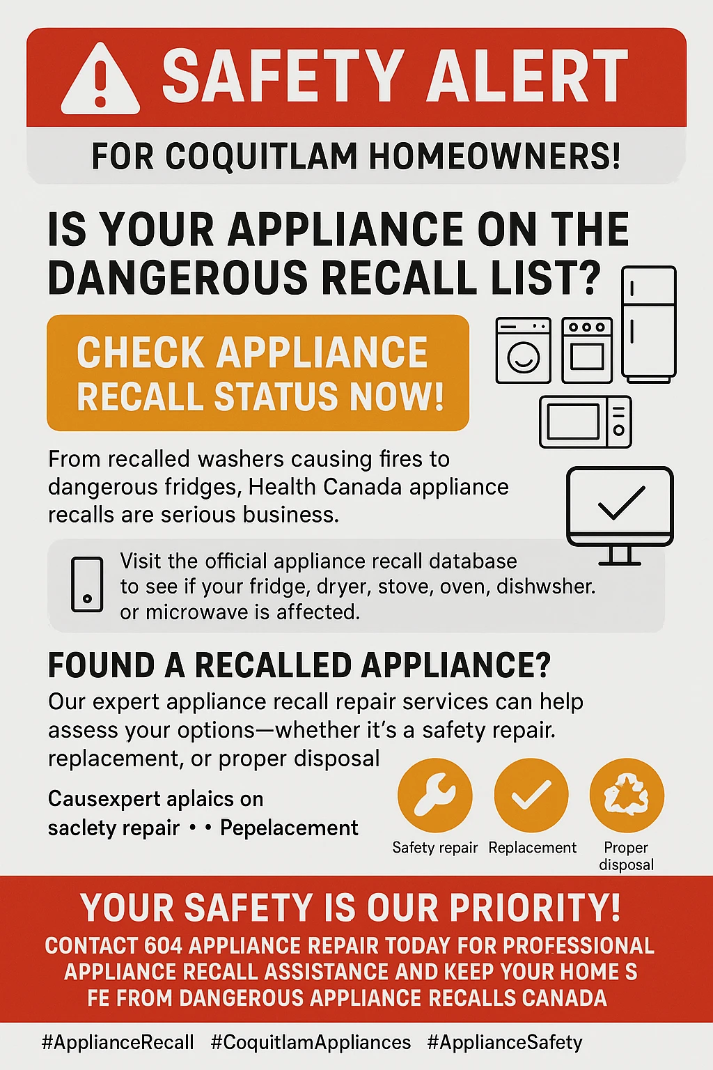 Infographic summarizing key takeaways about appliance recalls in Coquitlam.