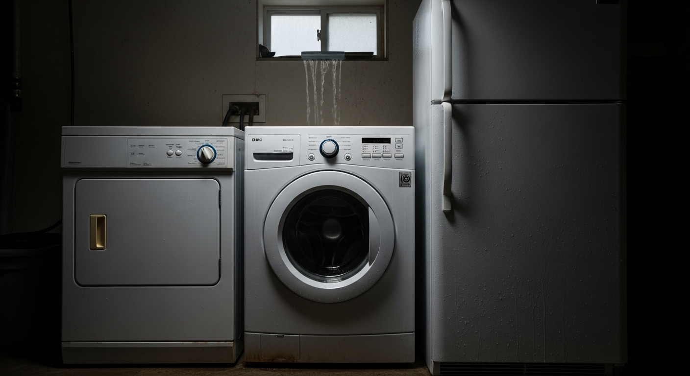 Laundry room in a damp British Columbia home with vulnerable washer and dryer