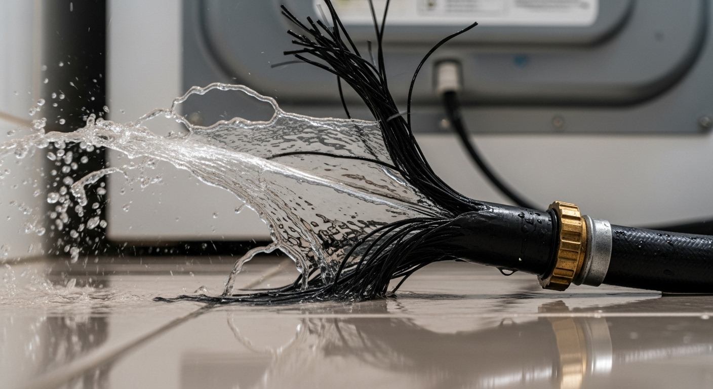 A burst washing machine hose flooding a laundry room floor