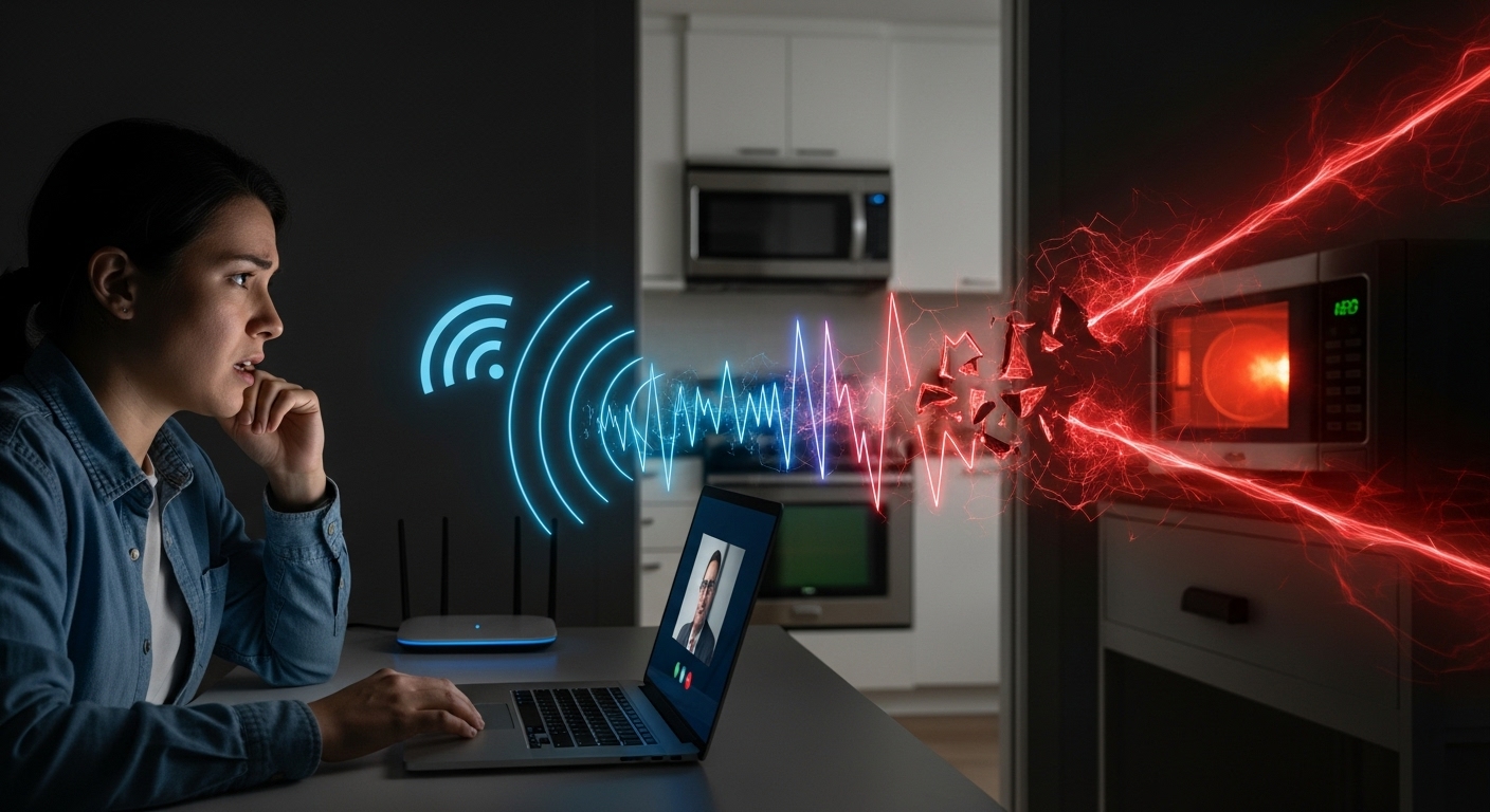 Home office setup in Coquitlam with a person looking frustrated at their laptop due to Wi-Fi issues.