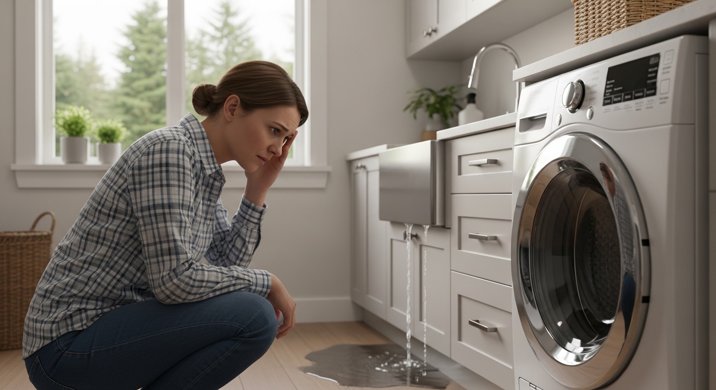 A concerned Coquitlam homeowner looks at a leaking home appliance.