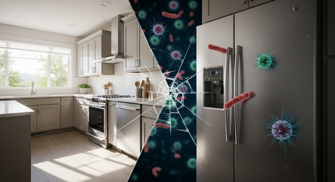 A modern Coquitlam kitchen with highlighted areas of hidden bacteria on appliances.