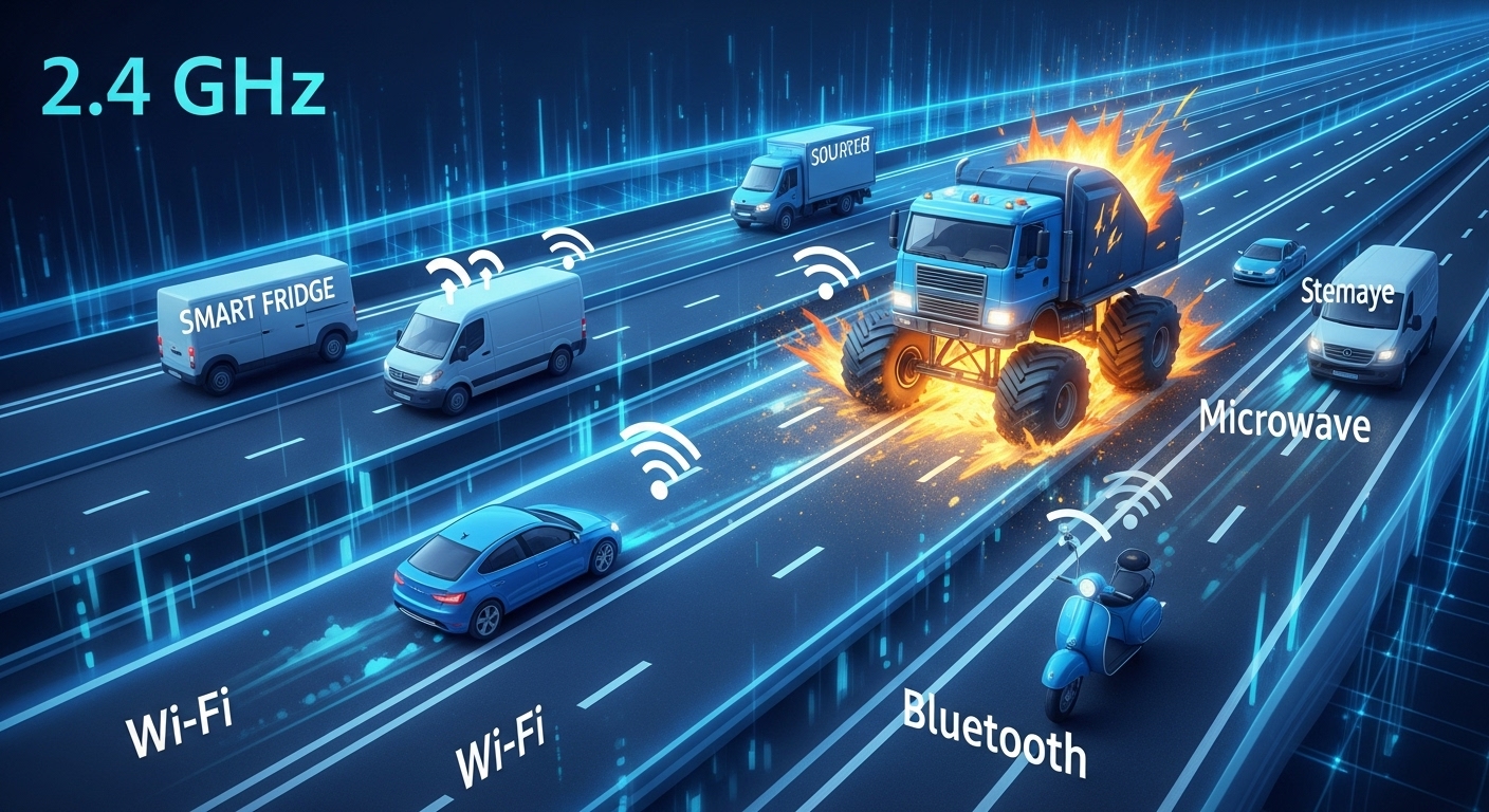 Analogy of a crowded highway representing the congested 2.4GHz Wi-Fi frequency band.