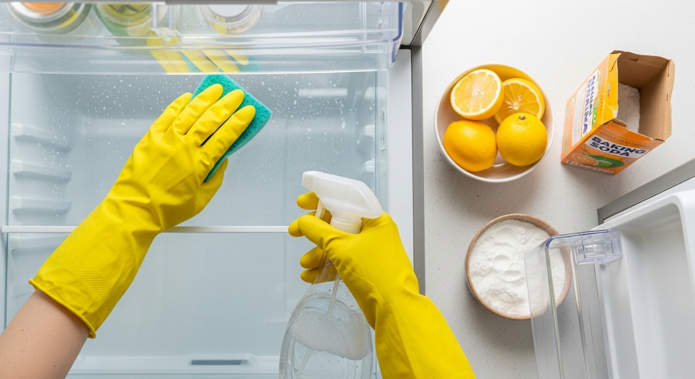 Person deep cleaning a refrigerator with baking soda to eliminate odors.