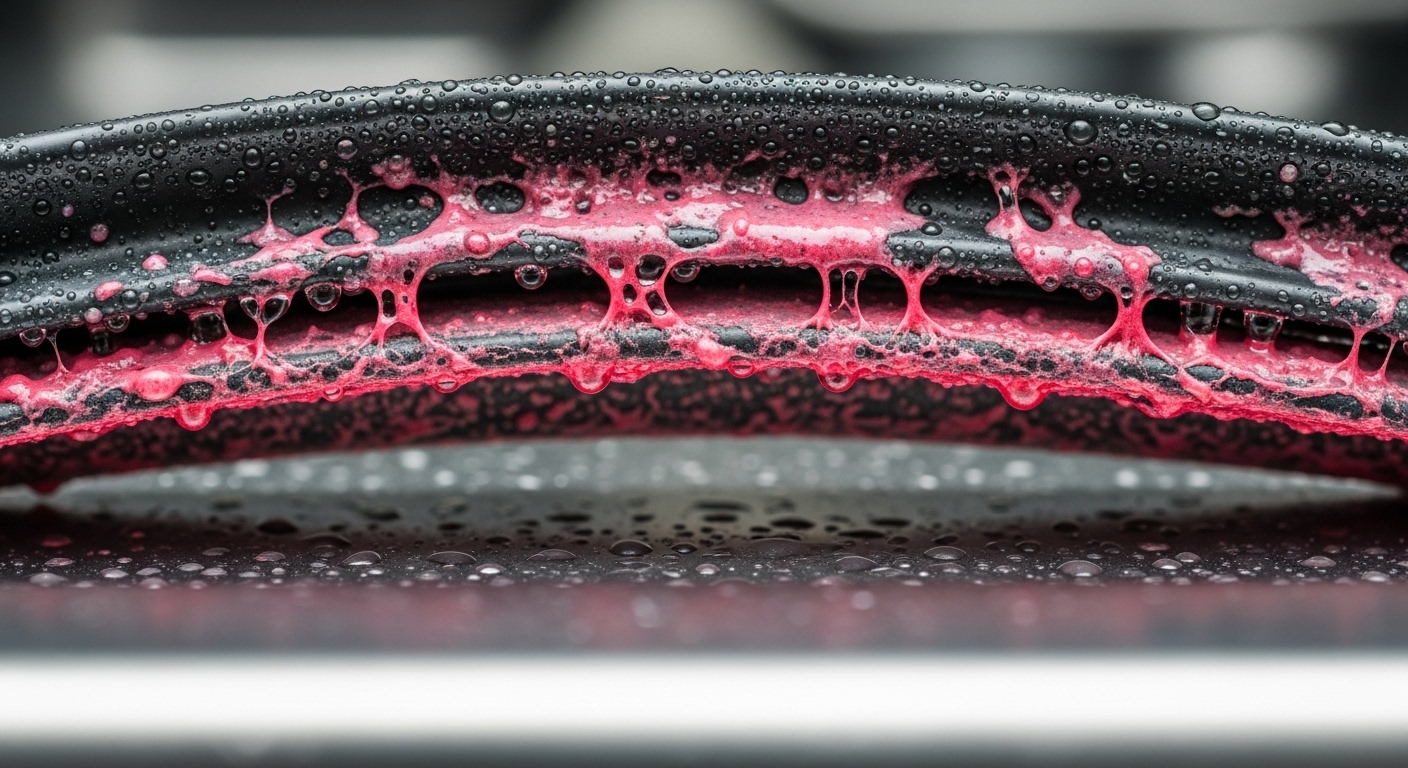 Extreme close-up of a dishwasher's rubber seal showing significant bacteria and mold buildup.