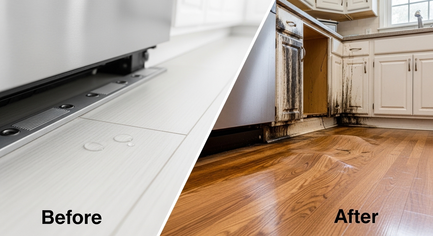 Water stains on a ceiling and wall illustrate the domino effect of water damage from a leaking appliance.