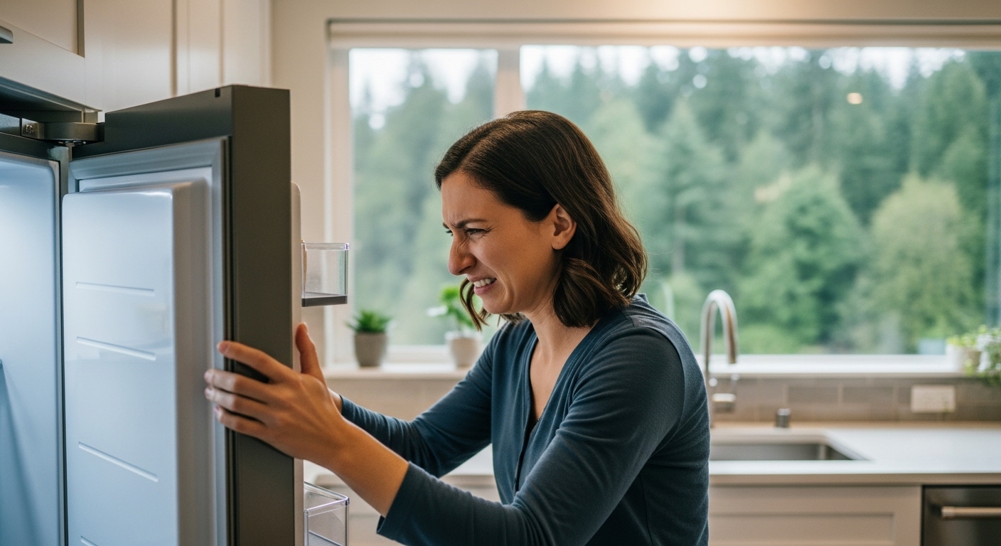 Frustrated homeowner in Coquitlam dealing with a smelly kitchen appliance.