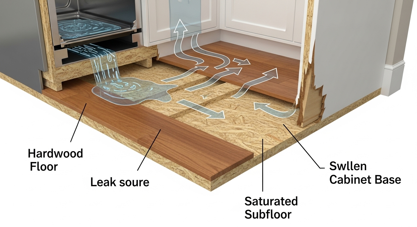 Diagram showing how an appliance water leak damages the subfloor