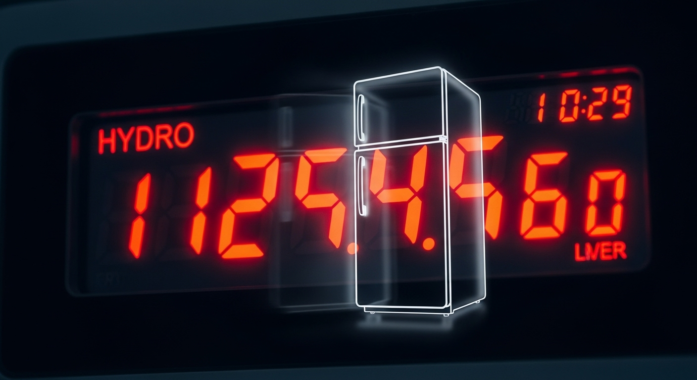 Close-up of an electricity meter spinning rapidly, symbolizing an inefficient appliance spiking a utility bill.