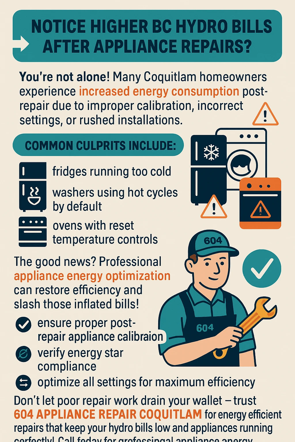 Infographic on appliance energy efficiency stats after repair in Coquitlam
