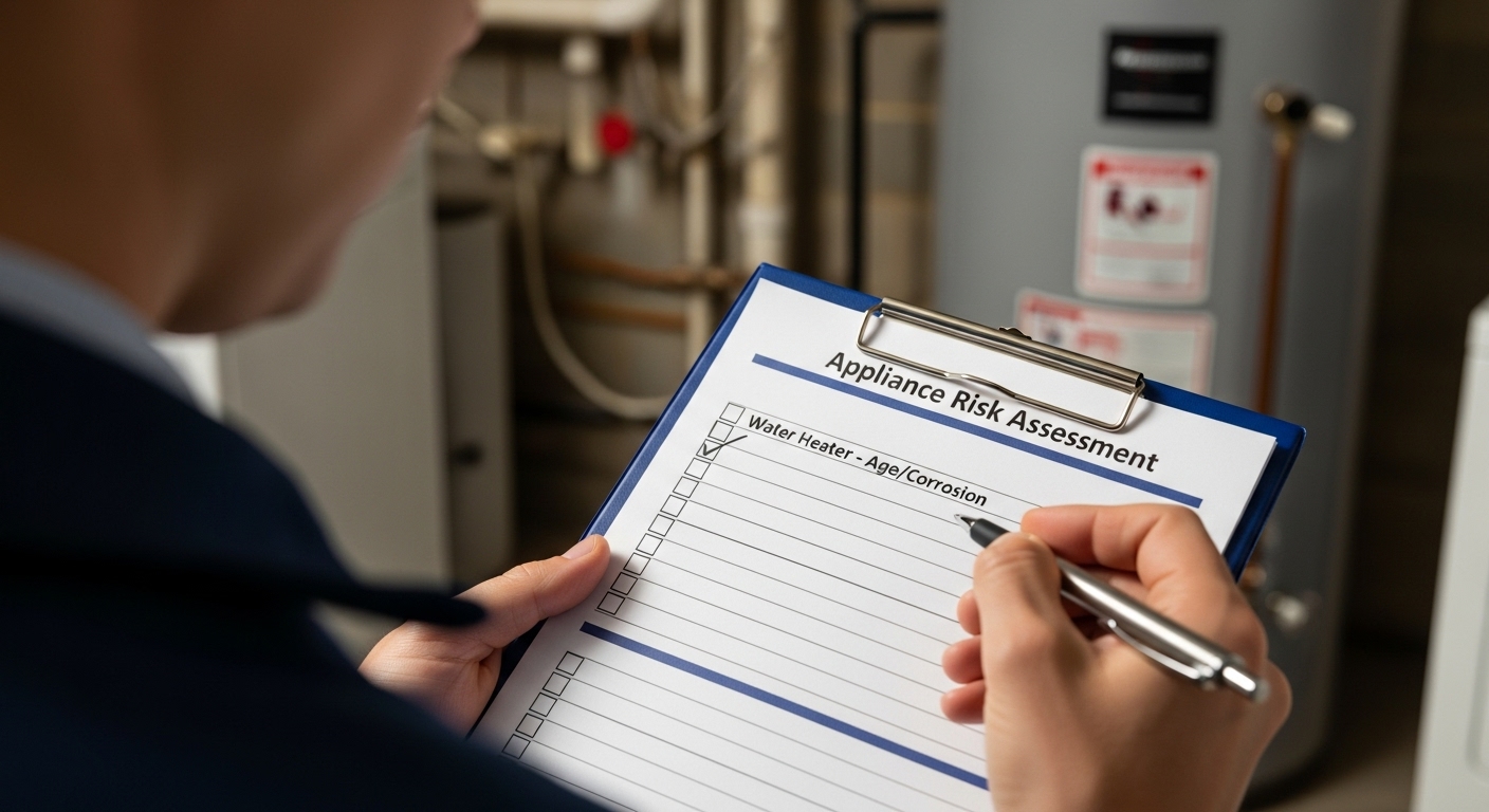 Insurance inspector evaluating a home appliance