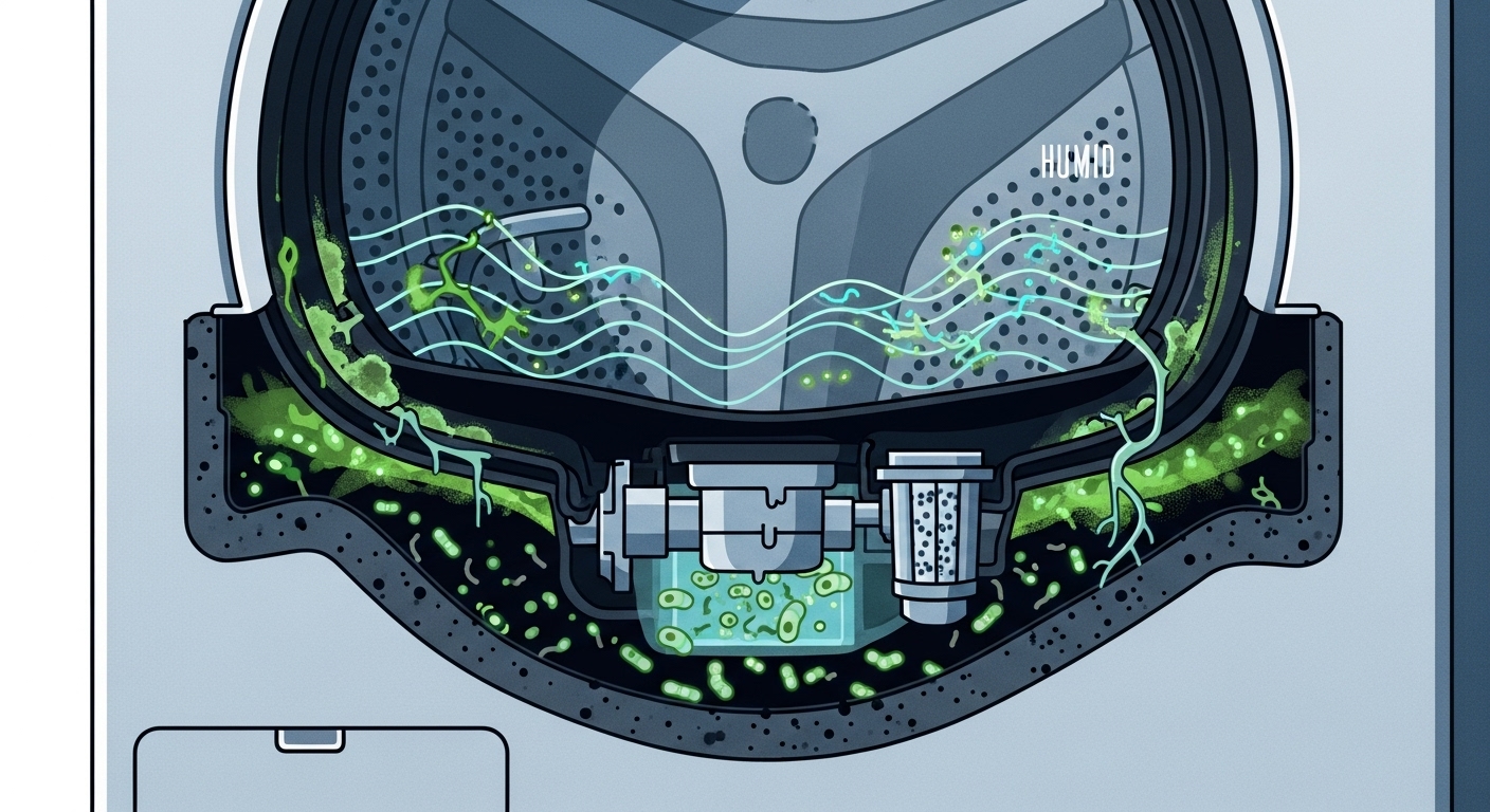 Mold and bacteria buildup inside the gasket of a front-loading washing machine.