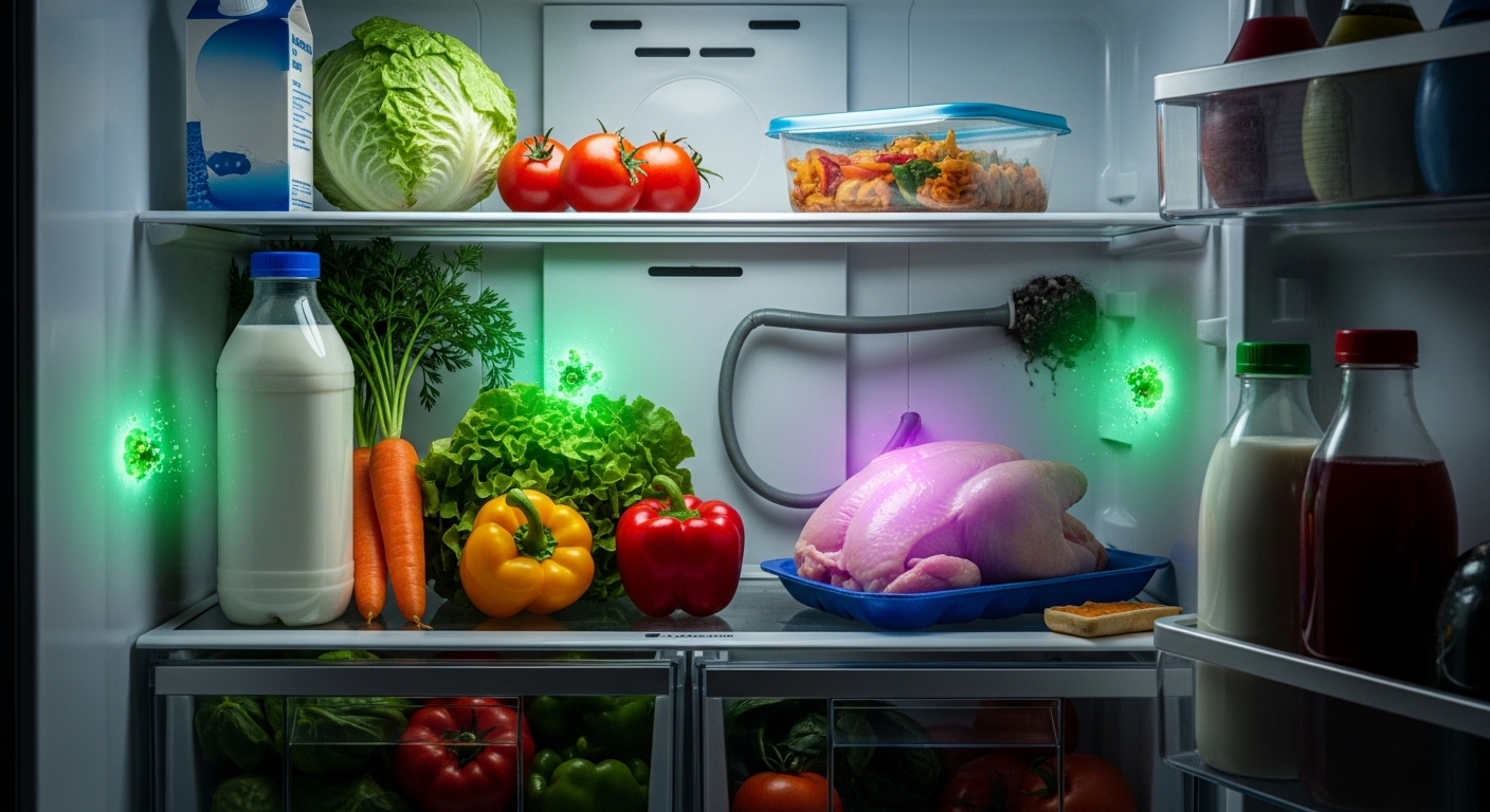 View inside a refrigerator highlighting potential food safety dangers from bacteria.