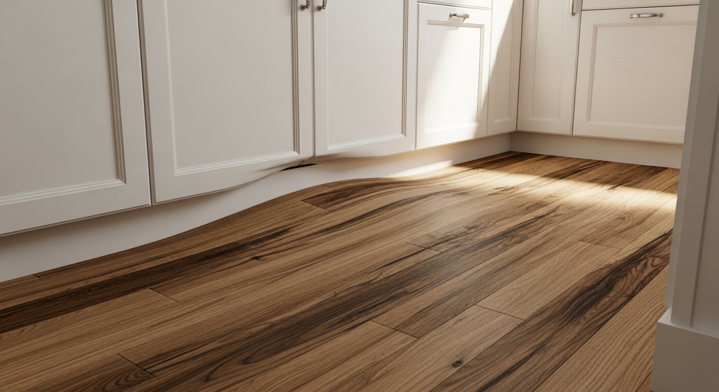 Warped hardwood kitchen floor showing water damage from a leaking appliance