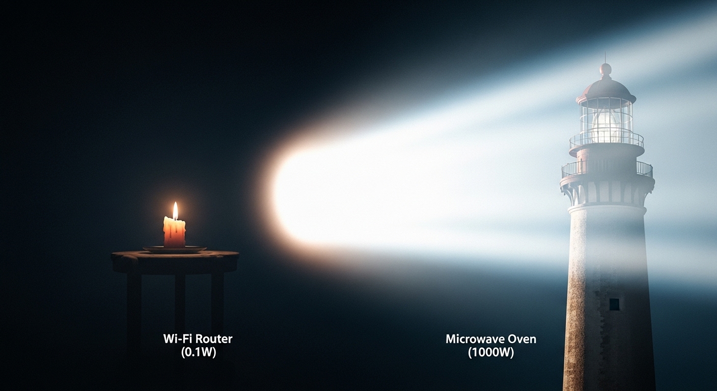 Visual comparison of a low-power Wi-Fi router versus a high-power microwave oven.