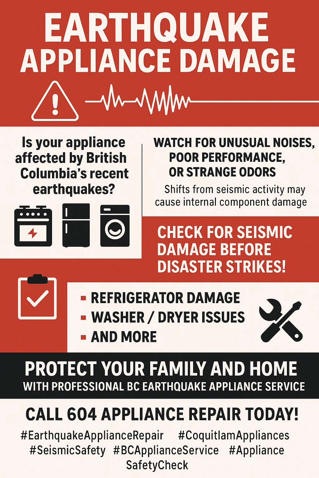 Infographic outlining key takeaways on appliance damage after an earthquake in Coquitlam