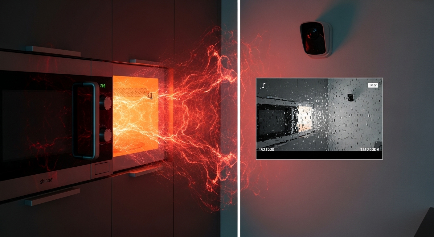 Security camera feed disrupted by kitchen appliance WiFi interference.
